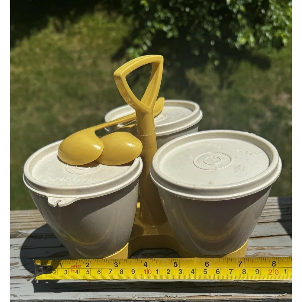 Vintage Tupperware Condiment Server Set w/ Caddy, Lids, Spoons - Yellow